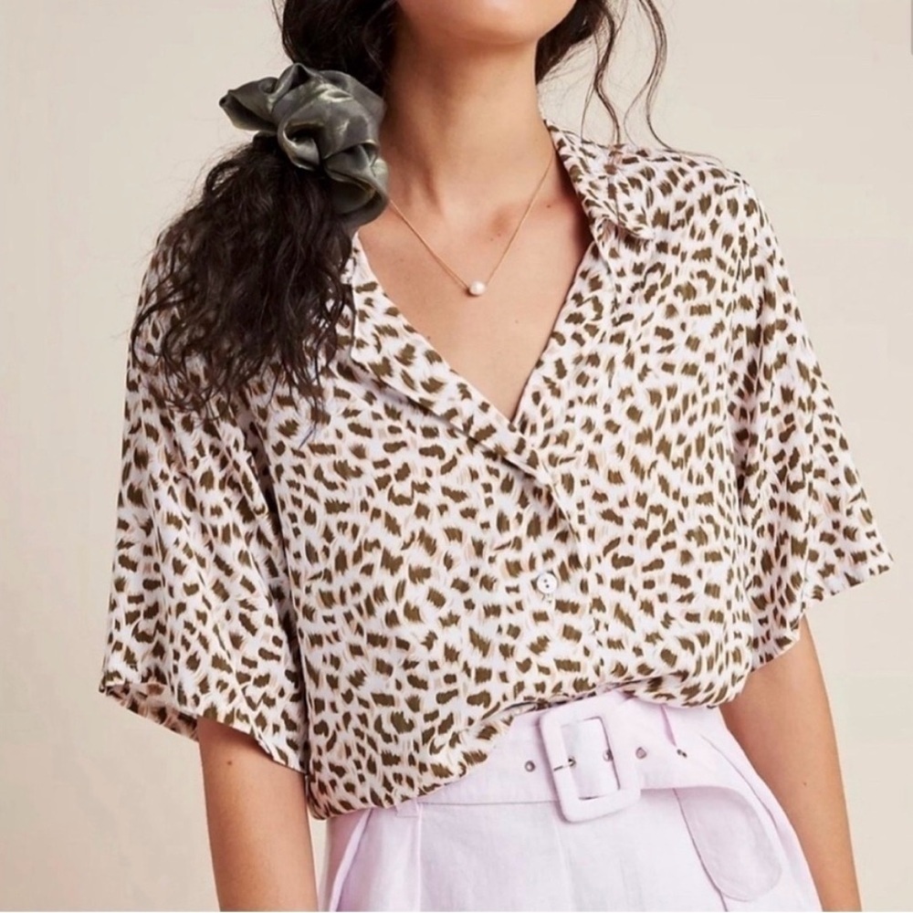 Beachgold Short Sleeve Leopard Print Button Shirt - Taupe/White